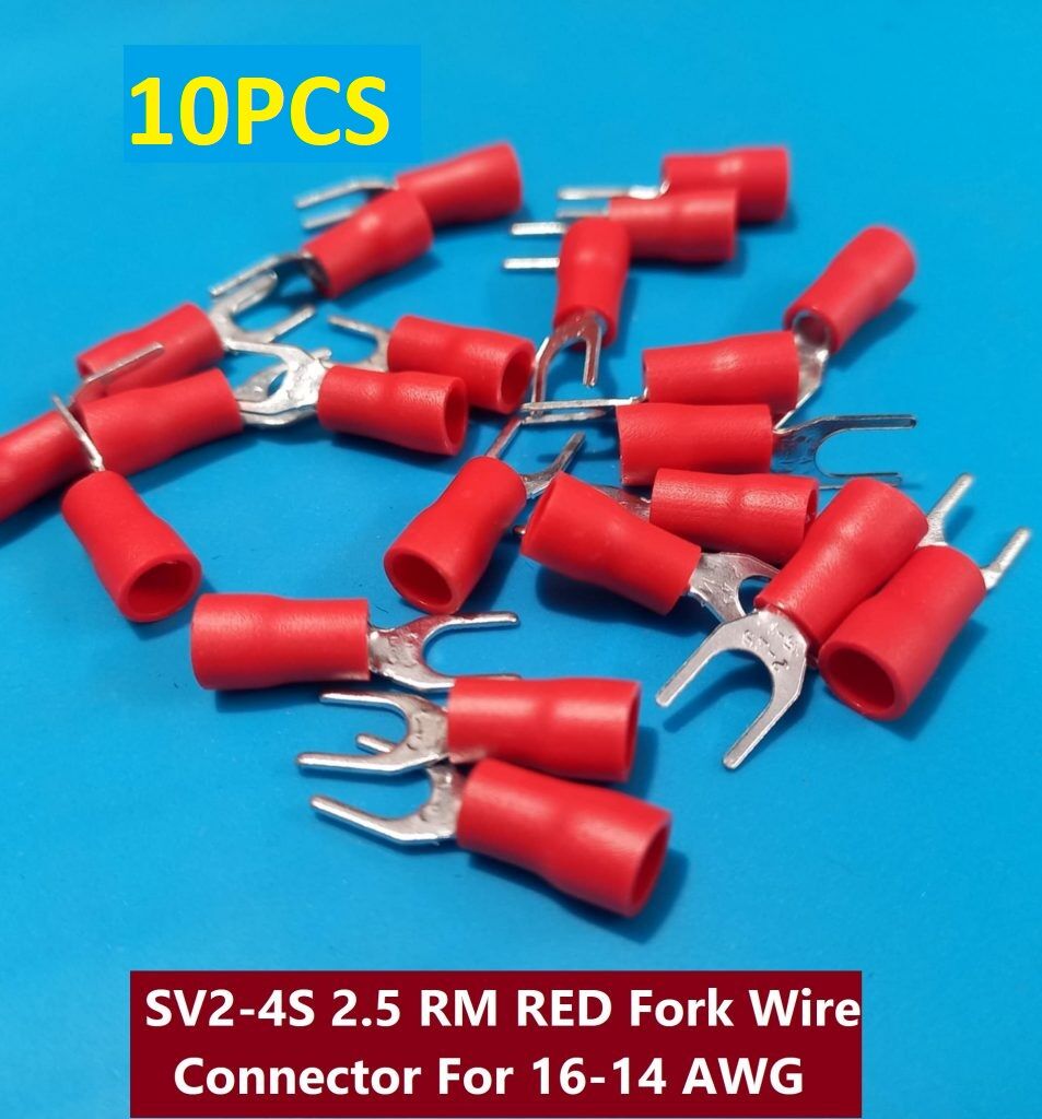 Picture of 10PCS- 2.5 RM SV2-4S SV2-4S 2.5 RM RED Insulated Fork Wire Connector Terminal For 16-14 AWG Wire 2-4S U-Type Crimp Insulated Fork Spade Terminals Quick Splice Wire Battery Cable Ends Cables Connectors