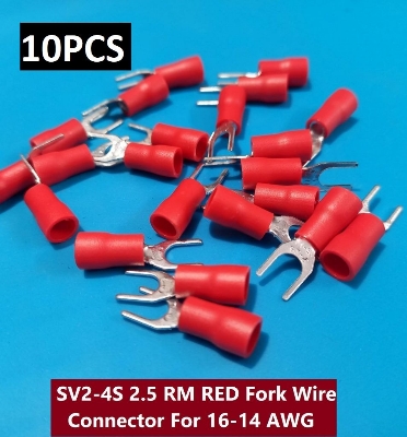 Picture of 10PCS- 2.5 RM SV2-4S SV2-4S 2.5 RM RED Insulated Fork Wire Connector Terminal For 16-14 AWG Wire 2-4S U-Type Crimp Insulated Fork Spade Terminals Quick Splice Wire Battery Cable Ends Cables Connectors