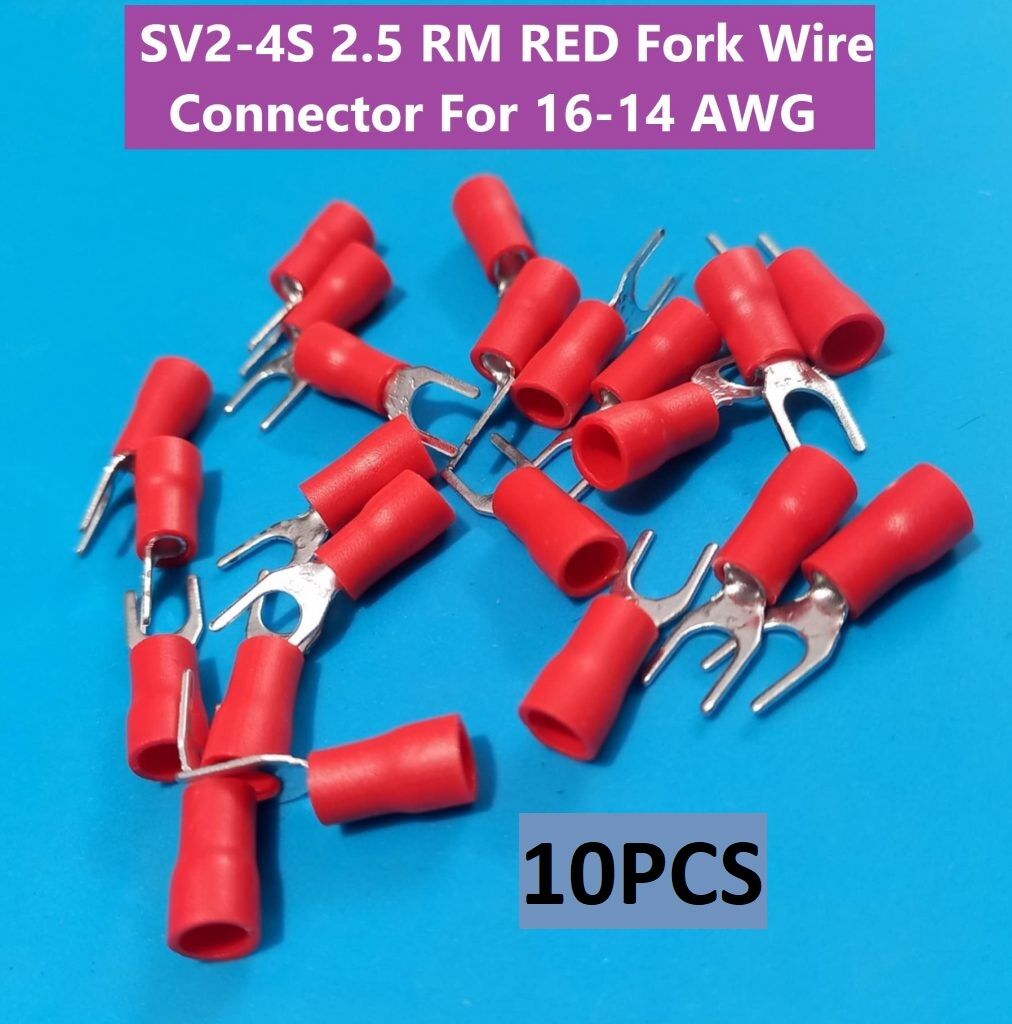 Picture of 10PCS- 2.5 RM SV2-4S SV2-4S 2.5 RM RED Insulated Fork Wire Connector Terminal For 16-14 AWG Wire 2-4S U-Type Crimp Insulated Fork Spade Terminals Quick Splice Wire Battery Cable Ends Cables Connectors
