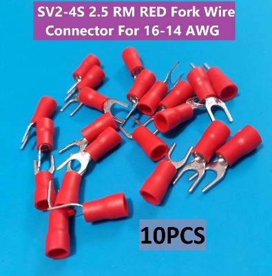 Picture of 10PCS- 2.5 RM SV2-4S SV2-4S 2.5 RM RED Insulated Fork Wire Connector Terminal For 16-14 AWG Wire 2-4S U-Type Crimp Insulated Fork Spade Terminals Quick Splice Wire Battery Cable Ends Cables Connectors