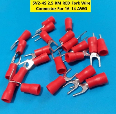Picture of 10PCS- 2.5 RM SV2-4S SV2-4S 2.5 RM RED Insulated Fork Wire Connector Terminal For 16-14 AWG Wire 2-4S U-Type Crimp Insulated Fork Spade Terminals Quick Splice Wire Battery Cable Ends Cables Connectors