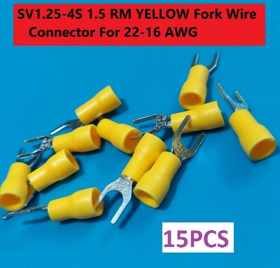 Picture of 15PCS-SV1.25-4S 1.5 RM YELLOW Insulated Fork Wire Connector Terminal For 22-16 AWG Wire 1.25-4S U-Type Crimp Insulated Fork Spade Terminals Quick Splice Wire Battery Cable Ends Cables Connectors