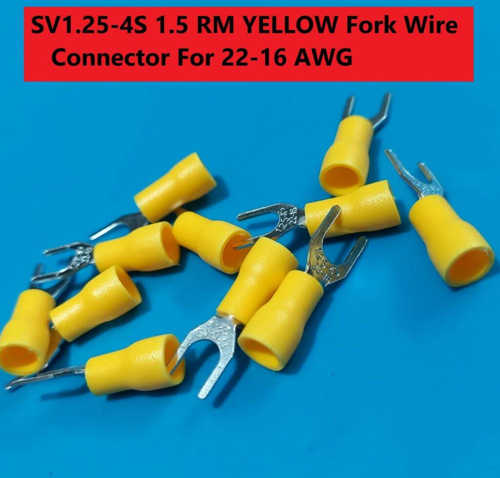 Picture of 15PCS-SV1.25-4S 1.5 RM YELLOW Insulated Fork Wire Connector Terminal For 22-16 AWG Wire 1.25-4S U-Type Crimp Insulated Fork Spade Terminals Quick Splice Wire Battery Cable Ends Cables Connectors