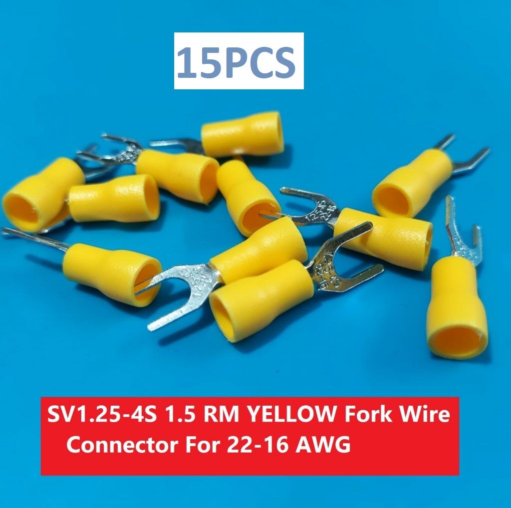 Picture of 15PCS-SV1.25-4S 1.5 RM YELLOW Insulated Fork Wire Connector Terminal For 22-16 AWG Wire 1.25-4S U-Type Crimp Insulated Fork Spade Terminals Quick Splice Wire Battery Cable Ends Cables Connectors