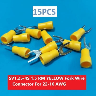 Picture of 15PCS-SV1.25-4S 1.5 RM YELLOW Insulated Fork Wire Connector Terminal For 22-16 AWG Wire 1.25-4S U-Type Crimp Insulated Fork Spade Terminals Quick Splice Wire Battery Cable Ends Cables Connectors
