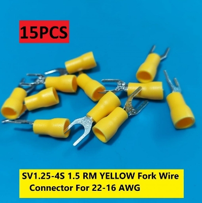 Picture of 15PCS-SV1.25-4S 1.5 RM YELLOW Insulated Fork Wire Connector Terminal For 22-16 AWG Wire 1.25-4S U-Type Crimp Insulated Fork Spade Terminals Quick Splice Wire Battery Cable Ends Cables Connectors