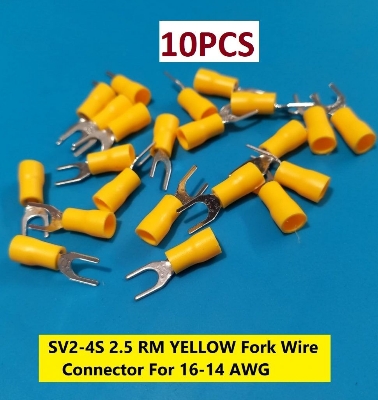 Picture of 10PCS- 2.5 RM SV2-4S YELLOW Insulated Fork Wire Connector Terminal For 16-14 AWG Wire 2-4S U-Type Crimp Insulated Fork Spade Terminals Quick Splice Wire Battery Cable Ends Cables Connectors