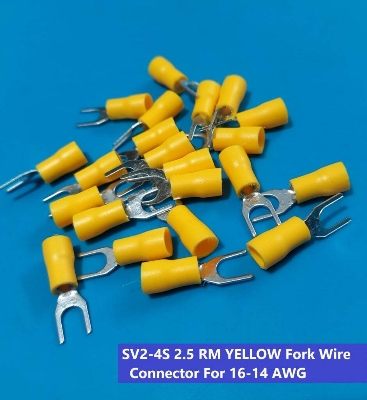 Picture of 10PCS- 2.5 RM SV2-4S YELLOW Insulated Fork Wire Connector Terminal For 16-14 AWG Wire 2-4S U-Type Crimp Insulated Fork Spade Terminals Quick Splice Wire Battery Cable Ends Cables Connectors