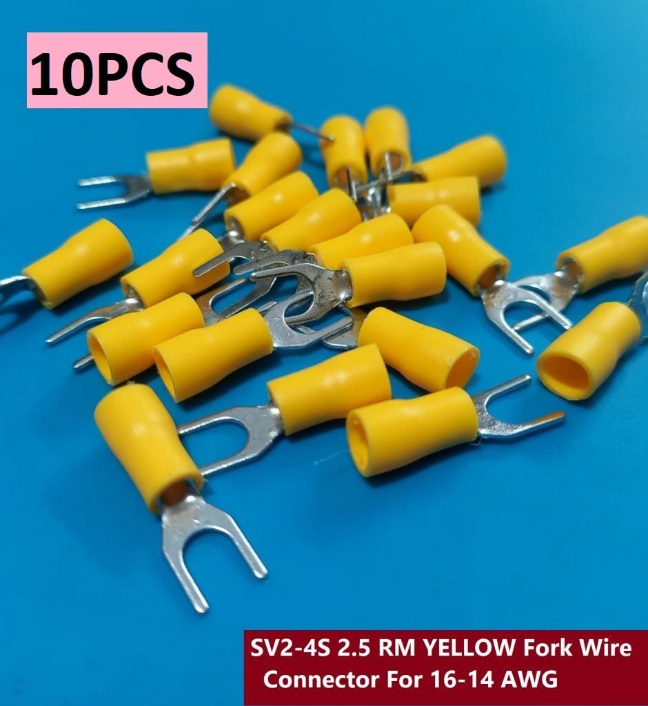 Picture of 10PCS- 2.5 RM SV2-4S YELLOW Insulated Fork Wire Connector Terminal For 16-14 AWG Wire 2-4S U-Type Crimp Insulated Fork Spade Terminals Quick Splice Wire Battery Cable Ends Cables Connectors