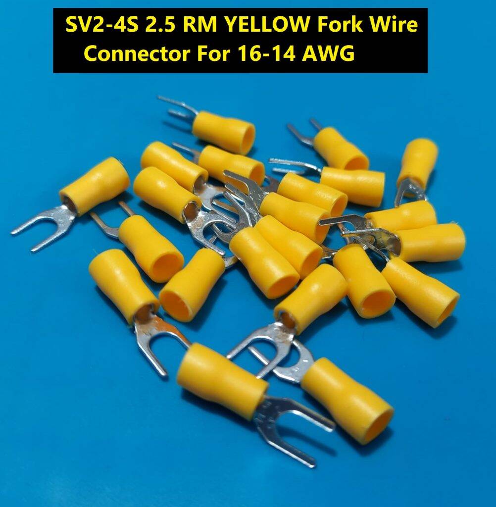 Picture of 10PCS- 2.5 RM SV2-4S YELLOW Insulated Fork Wire Connector Terminal For 16-14 AWG Wire 2-4S U-Type Crimp Insulated Fork Spade Terminals Quick Splice Wire Battery Cable Ends Cables Connectors