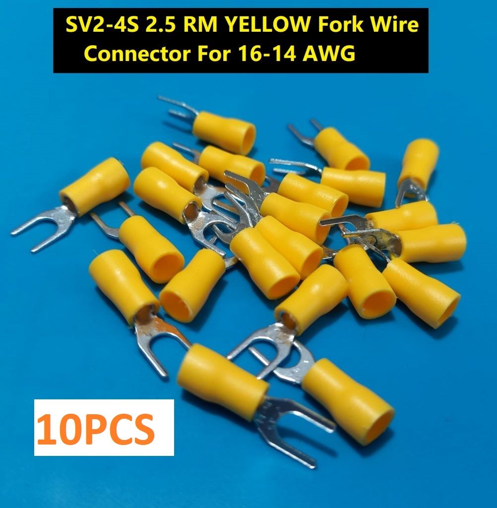 Picture of 10PCS- 2.5 RM SV2-4S YELLOW Insulated Fork Wire Connector Terminal For 16-14 AWG Wire 2-4S U-Type Crimp Insulated Fork Spade Terminals Quick Splice Wire Battery Cable Ends Cables Connectors