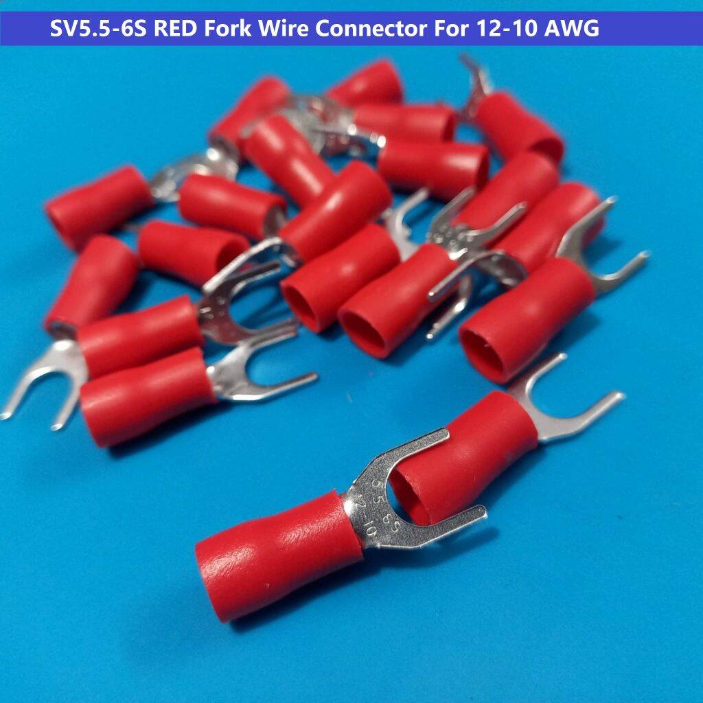 Picture of 10PCS-3 RM SV5.5-6S SV5.5-6S 3 RM RED Insulated Fork Wire Connector Terminal For 12-10 AWG Wire 5.5-6S U-Type Crimp Insulated Fork Spade Terminals Quick Splice Wire Battery Cable Ends Cables Connectors