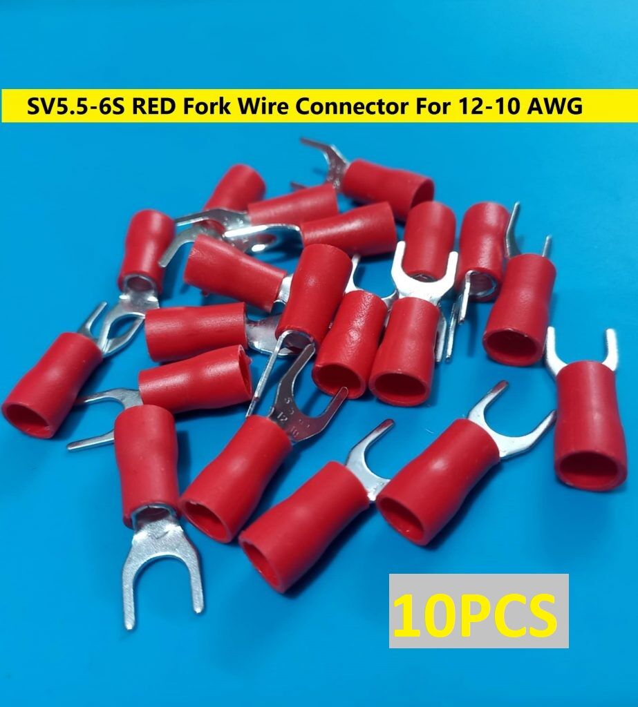 Picture of 10PCS-3 RM SV5.5-6S SV5.5-6S 3 RM RED Insulated Fork Wire Connector Terminal For 12-10 AWG Wire 5.5-6S U-Type Crimp Insulated Fork Spade Terminals Quick Splice Wire Battery Cable Ends Cables Connectors
