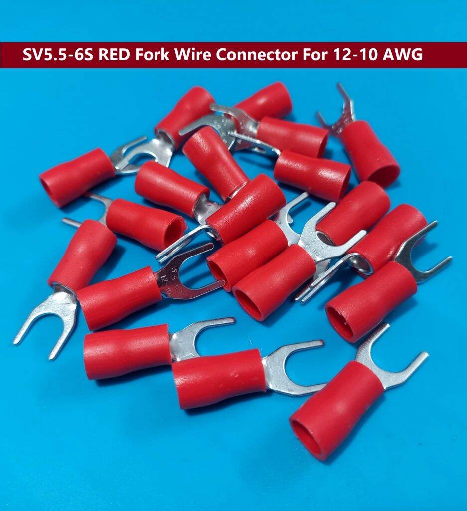 Picture of 10PCS-3 RM SV5.5-6S SV5.5-6S 3 RM RED Insulated Fork Wire Connector Terminal For 12-10 AWG Wire 5.5-6S U-Type Crimp Insulated Fork Spade Terminals Quick Splice Wire Battery Cable Ends Cables Connectors