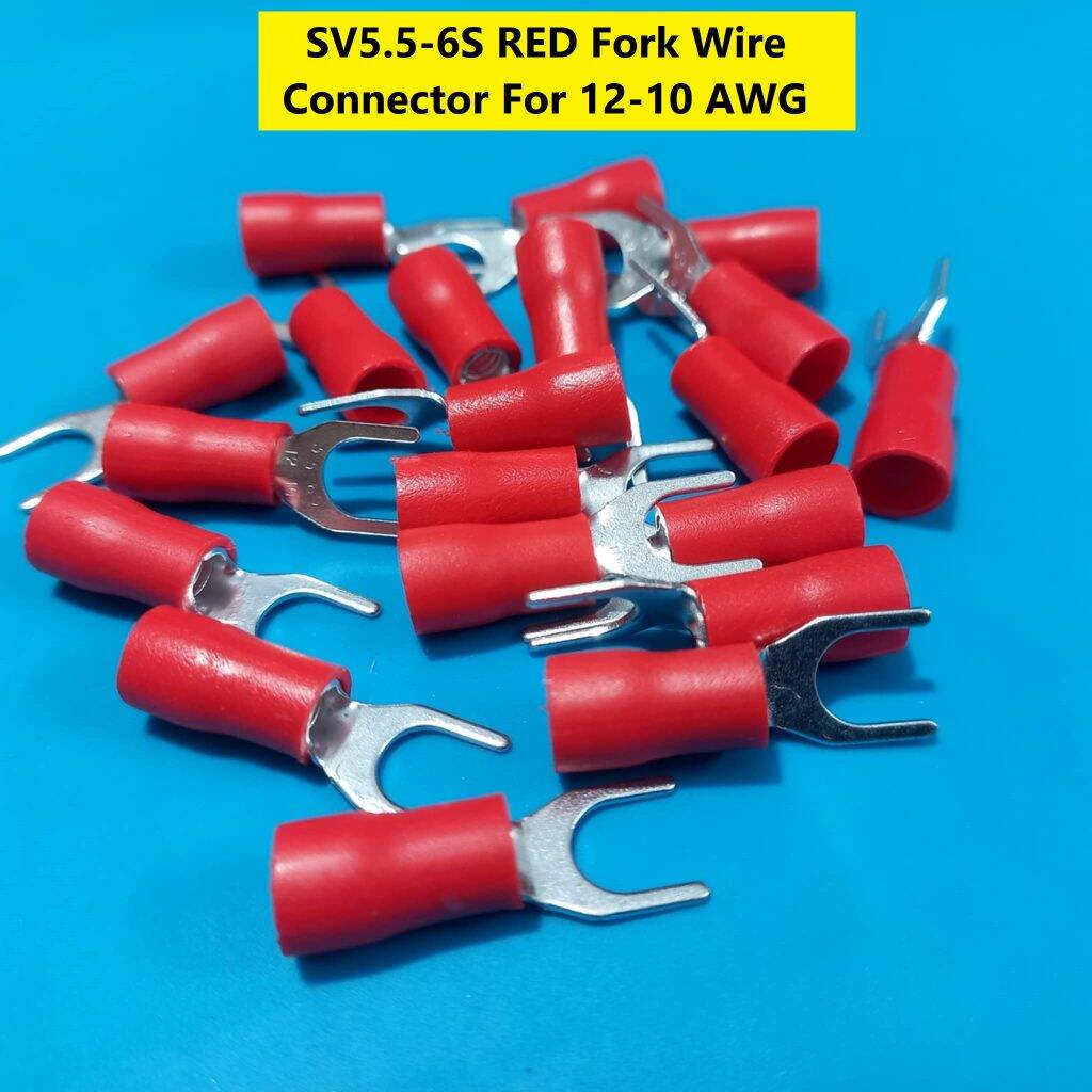 Picture of 10PCS-3 RM SV5.5-6S SV5.5-6S 3 RM RED Insulated Fork Wire Connector Terminal For 12-10 AWG Wire 5.5-6S U-Type Crimp Insulated Fork Spade Terminals Quick Splice Wire Battery Cable Ends Cables Connectors