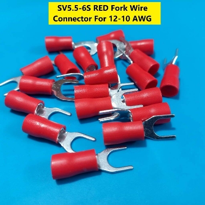 Picture of 10PCS-3 RM SV5.5-6S SV5.5-6S 3 RM RED Insulated Fork Wire Connector Terminal For 12-10 AWG Wire 5.5-6S U-Type Crimp Insulated Fork Spade Terminals Quick Splice Wire Battery Cable Ends Cables Connectors