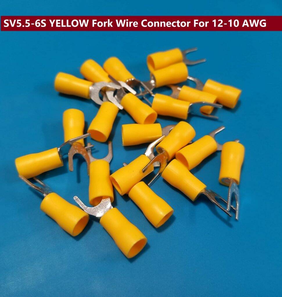 Picture of 10PCS-3 RM SV5.5-6S YELLOW Insulated Fork Wire Connector Terminal For 12-10 AWG Wire 5.5-6S U-Type Crimp Insulated Fork Spade Terminals Quick Splice Wire Battery Cable Ends Cables Connectors