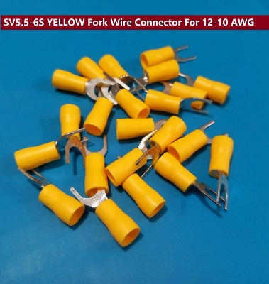 Picture of 10PCS-3 RM SV5.5-6S YELLOW Insulated Fork Wire Connector Terminal For 12-10 AWG Wire 5.5-6S U-Type Crimp Insulated Fork Spade Terminals Quick Splice Wire Battery Cable Ends Cables Connectors