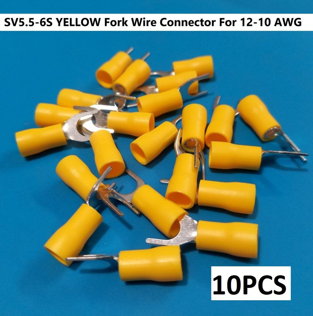 Picture of 10PCS-3 RM SV5.5-6S YELLOW Insulated Fork Wire Connector Terminal For 12-10 AWG Wire 5.5-6S U-Type Crimp Insulated Fork Spade Terminals Quick Splice Wire Battery Cable Ends Cables Connectors