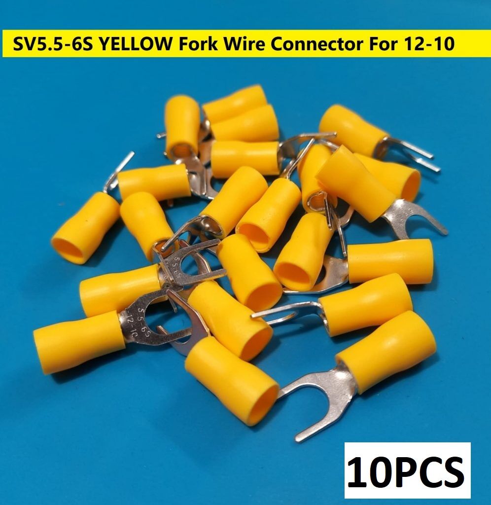 Picture of 10PCS-3 RM SV5.5-6S YELLOW Insulated Fork Wire Connector Terminal For 12-10 AWG Wire 5.5-6S U-Type Crimp Insulated Fork Spade Terminals Quick Splice Wire Battery Cable Ends Cables Connectors