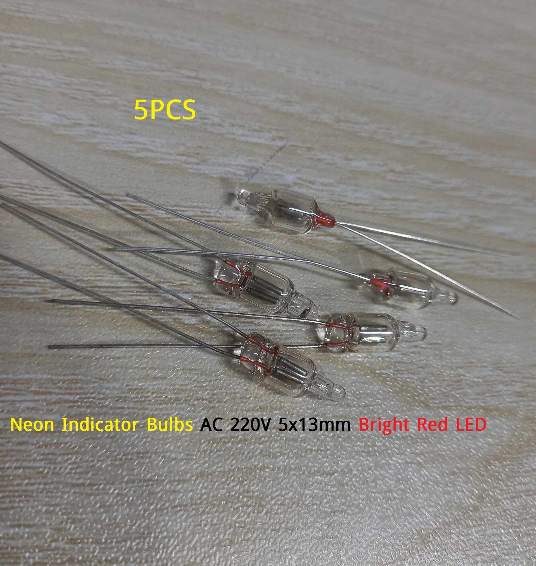 Picture of 5Pcs-Neon Indicator Bulbs AC 220V 5x13mm Bright Red Signs Light Neon Light Bulbs,  2 Pin, for Electrical Appliances