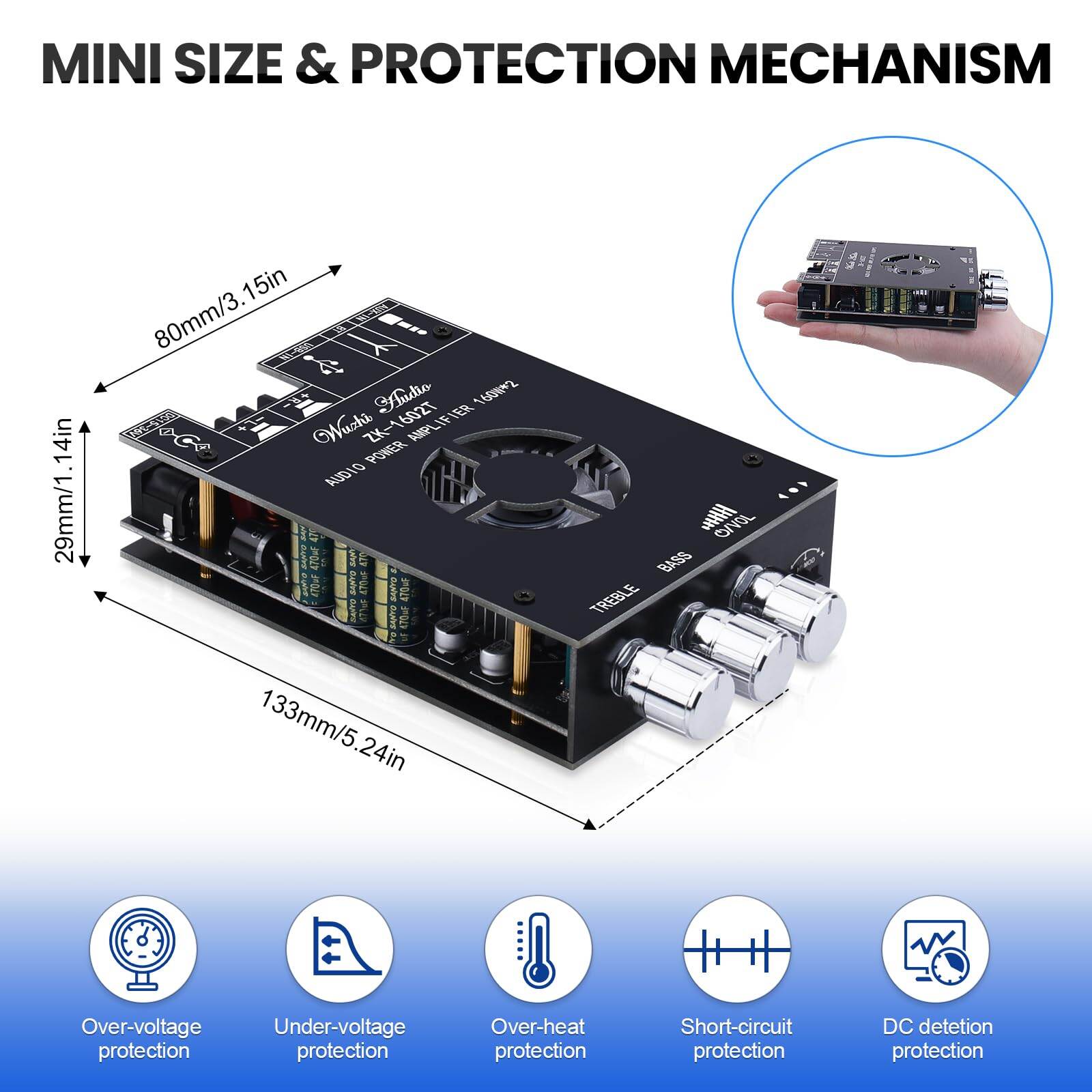 Picture of ZK-1602T Bluetooth Audio Power Amplifier Board with APP Control & 12V Cooling Fan
