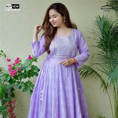 Picture of Women Embroidered Pure Cotton Anarkali Kurta (Light Bule)