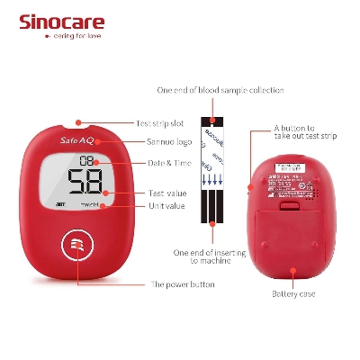 Picture of SINOCARE SAFE AQ SMART Blood Glucose Monitor/Machine | With 25 Strips and Lancets, One Lancet Device | No Coding, Measurements of Blood Sugar/Diabetes levels are fast, accurate and reliable - Chili Red
