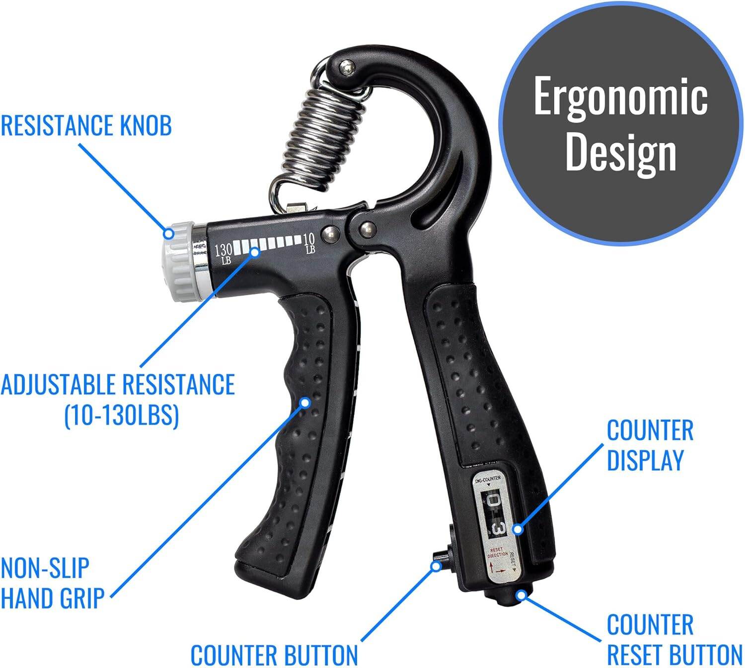 Picture of Sports Adjustable Hand Grip (10kg - 60kg) Strengthener with Counter for Men & Women for Gym Workout Hand Exercise Equipment to Use in Home for Forearm Exercise (Black) Stainless Steel Spring - Multicolor - Int: One size