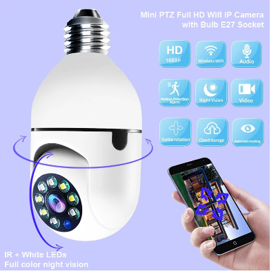 Picture of High Quality Bulb System 360 Degree IP Camera V380 HD WiFi Robot Wireless Mini CC Camera IP Webcam , Security Cam Patch Socket Free