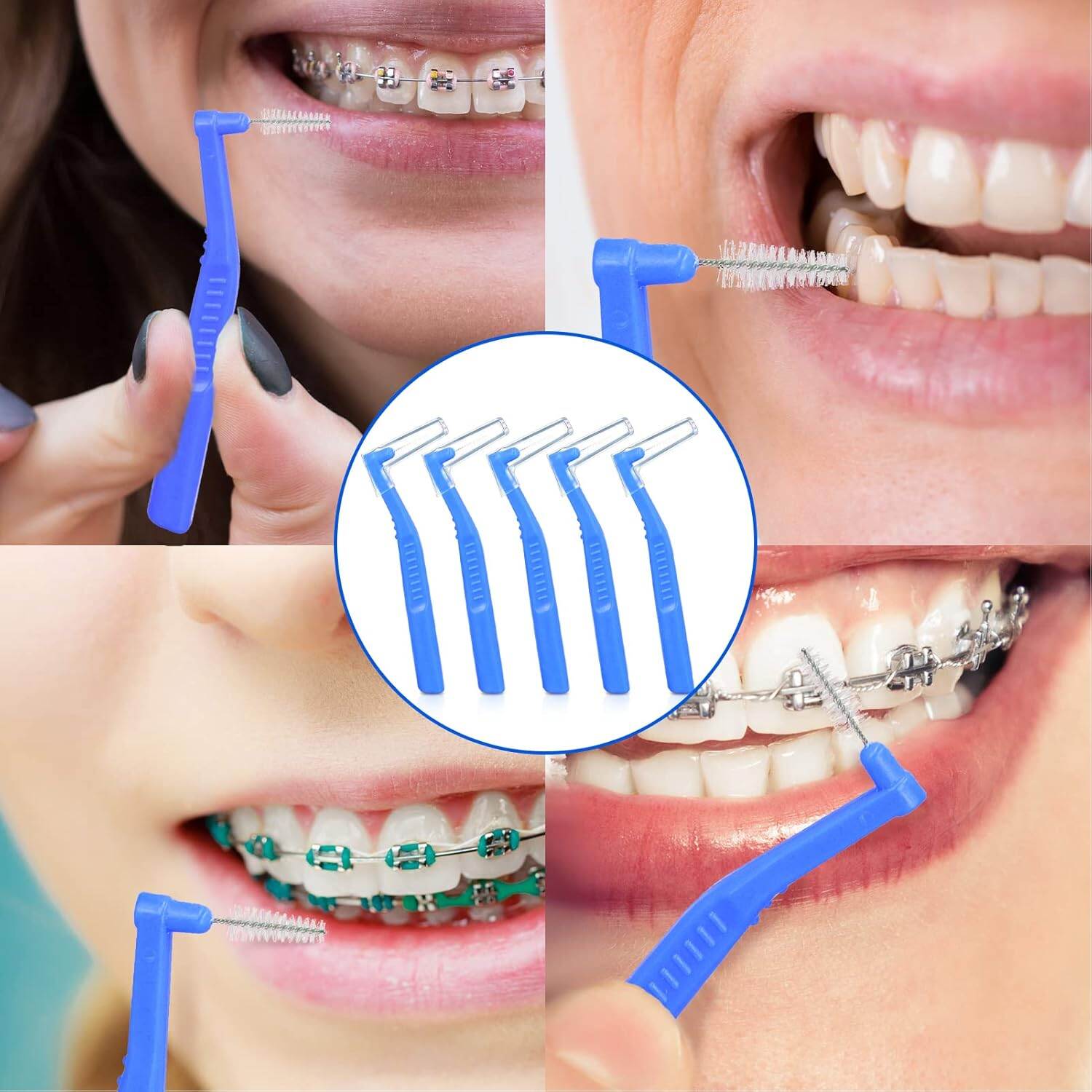 Picture of L Shaped Interdental Brushes for Between Teeth and Gums,5pcs Angle Interdental Brushes, Brush Micro Tight Cleaner, Plaque Removal, 6 Sizes(Blue), 5pcs Angle Interdental Brushes, L Shaped Interde - Multicolor - Int: One size