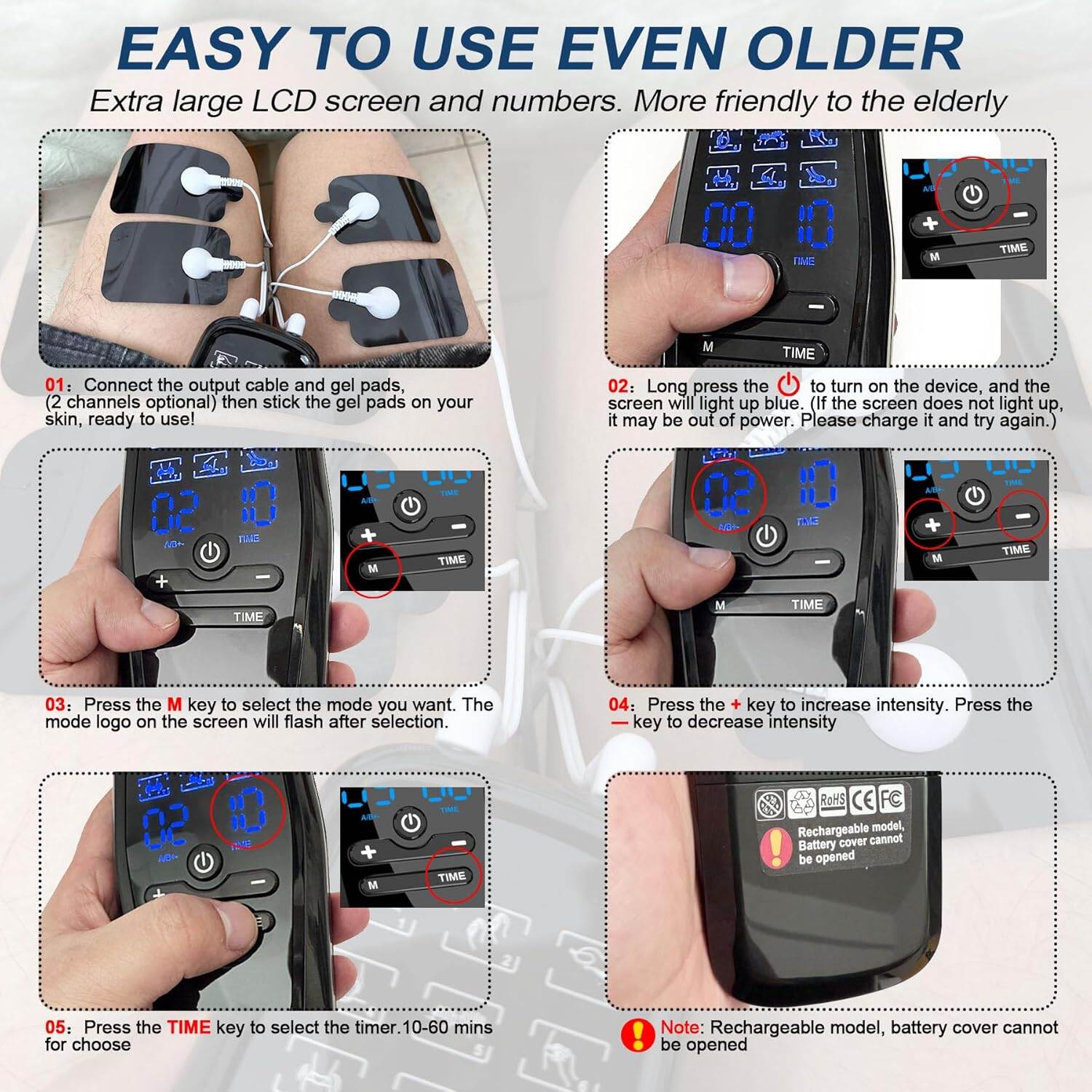 Picture of Dual Channel TENS Unit for Pain Relief Rechargeable Electronic Pluse Muscle Stimulator Massager Low-Frequency Multi-Function Physiotherapy Instrument with 10pcs Electrode Pads - Black - Int: One size