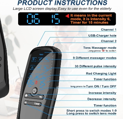 Picture of Dual Channel TENS Unit for Pain Relief Rechargeable Electronic Pluse Muscle Stimulator Massager Low-Frequency Multi-Function Physiotherapy Instrument with 10pcs Electrode Pads - Black - Int: One size