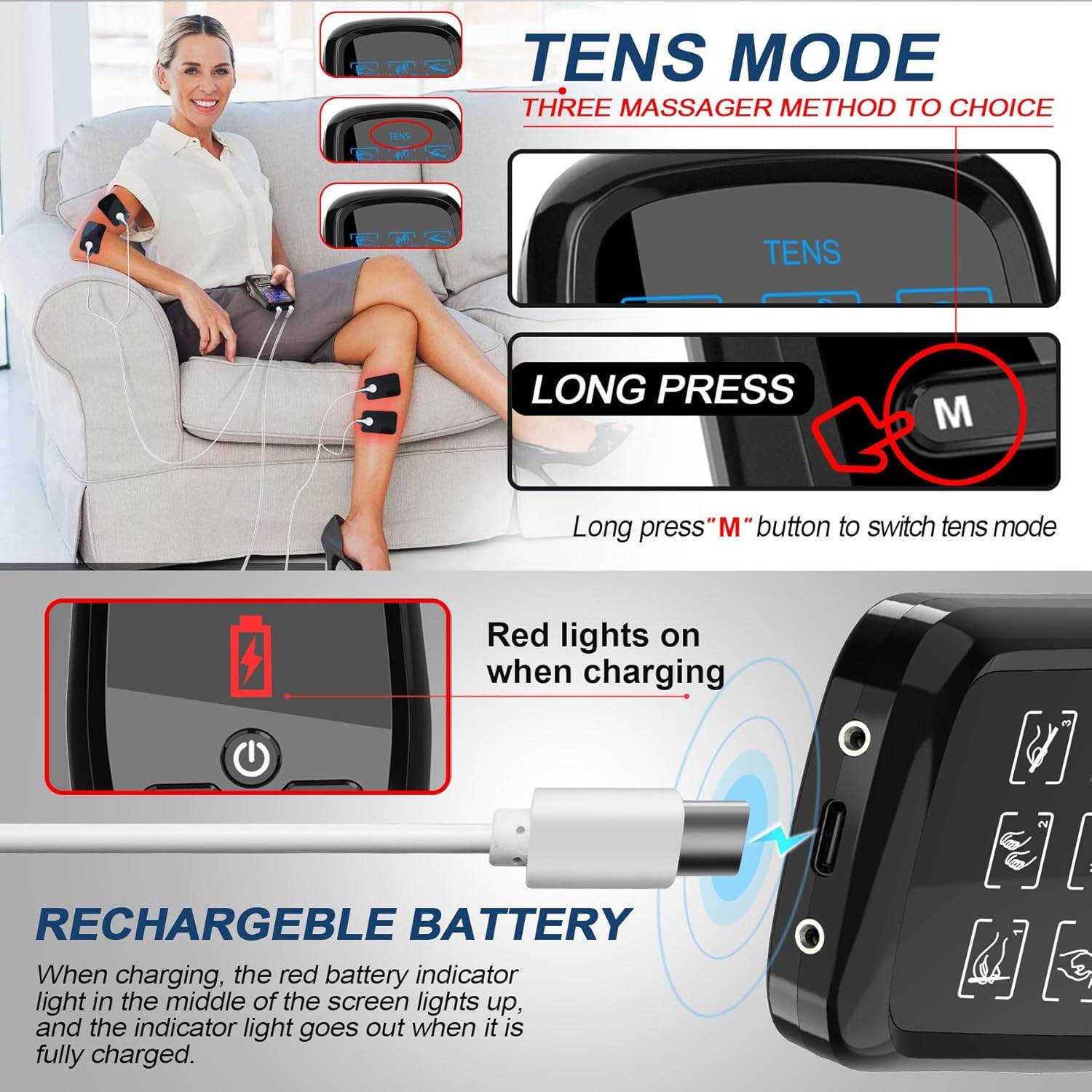 Picture of Dual Channel TENS Unit for Pain Relief Rechargeable Electronic Pluse Muscle Stimulator Massager Low-Frequency Multi-Function Physiotherapy Instrument with 10pcs Electrode Pads - Black - Int: One size