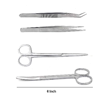 Picture of Stainless Steel Surgical Instrument Set 6 Inch Scissors, Curved Scissors, Blunt End Forceps, Curved Blunt End Forceps - Int: One size