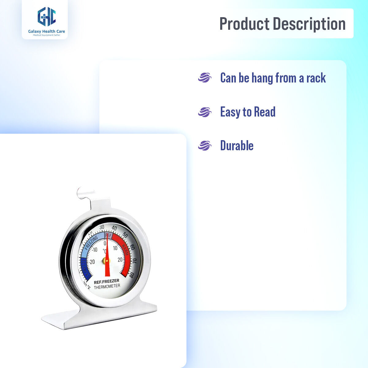 Picture of Refrigerator Freezer Thermometer Fridge Refrigeration Temperature Gauge Home Stainless Steel Temp Stand Dial Type -20 to 20°C - Silver - Int: One size