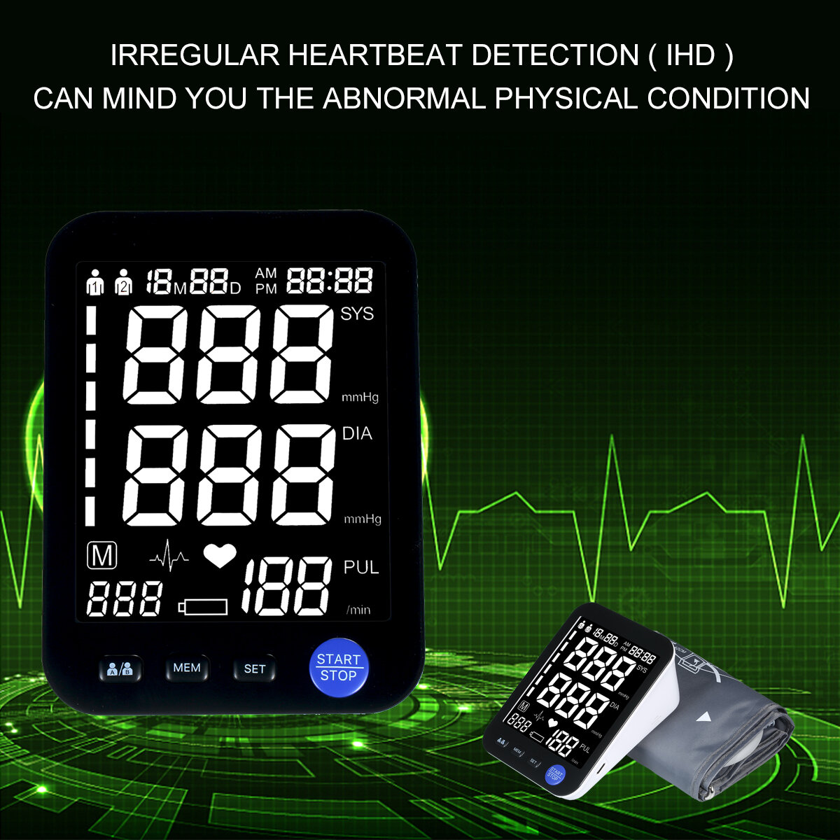 Picture of BSMI Blood Pressure Monitor Upper Arm Automatic Tonometer Digital BP Machine Heart Rate Pulse Monitor with Large Cuff for Medical - Black - Int: One size