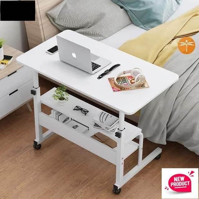 Picture of Height Adjustable Movable Laptop Desk With Storage Shelf Lazy Sofa Corner Lift Computer Desk Table 2 Layers kM-1549 - White