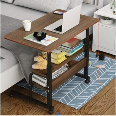 Picture of Height Adjustable Movable Laptop Desk With Storage Shelf Lazy Sofa Corner Lift Computer Desk Table 2 Layers KM-2634 - Brown