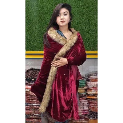 Picture of New Model Maroon Velvet Women's Scarf - Size- 4.5 haat/ 2 Haat - Silk Scarves Shawls for Women(Int: One size)