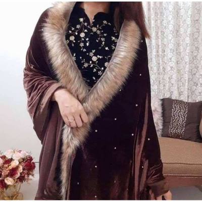 Picture of New Model Maroon Velvet Women's Scarf - Size- 4.5 haat/ 2 Haat - Silk Scarves Shawls for Women(Int: One size)