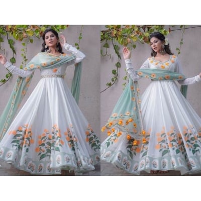 Picture of Readymade Stylish And Comfortable Lilen Fabric With Embroidery Work Gown Three Piece For Women - Shalwar Kameez for Women-White(46)