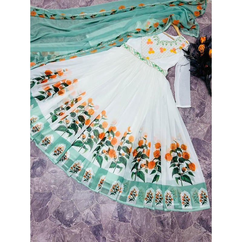 Picture of Readymade Stylish And Comfortable Lilen Fabric With Embroidery Work Gown Three Piece For Women - Shalwar Kameez for Women-White(46)
