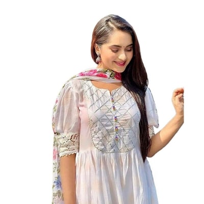 Picture of New Model Beautiful Comfortable Gown Three Piece Readymade Set   Screen Print  Work for Women-White(42)
