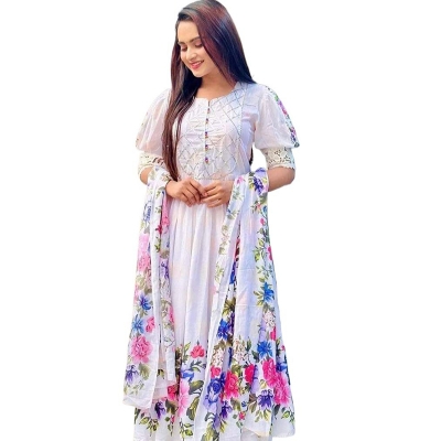 Picture of New Model Beautiful Comfortable Gown Three Piece Readymade Set   Screen Print  Work for Women-White(42)
