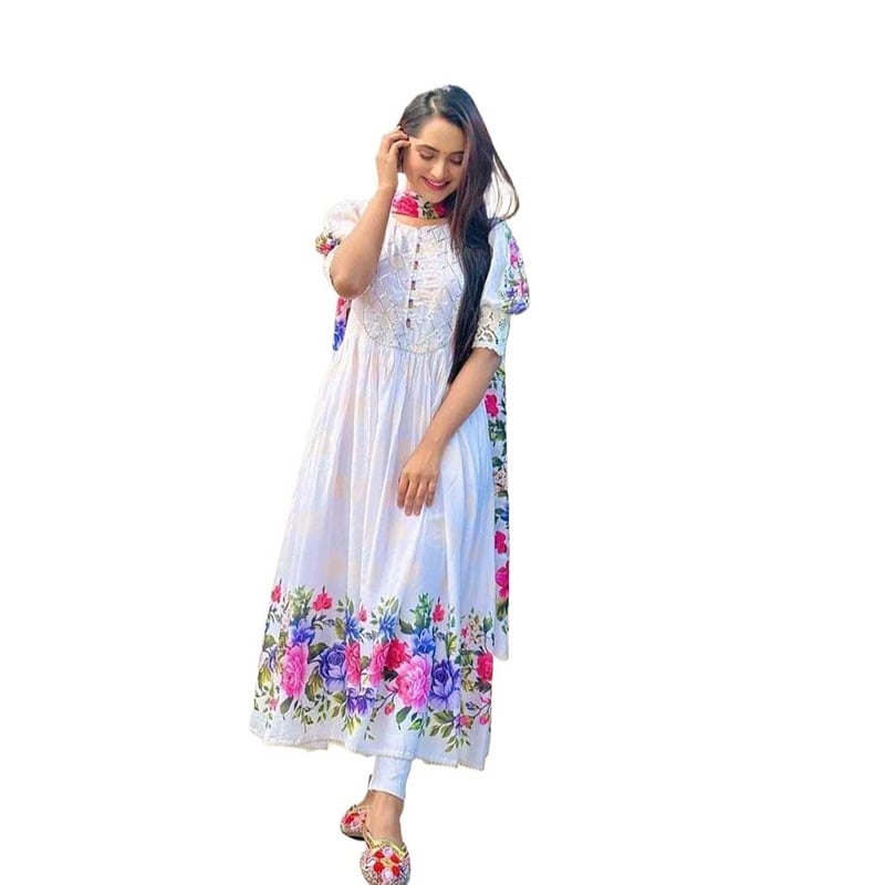Picture of New Model Beautiful Comfortable Gown Three Piece Readymade Set   Screen Print  Work for Women-White(42)