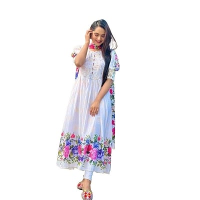 Picture of New Model Beautiful Comfortable Gown Three Piece Readymade Set   Screen Print  Work for Women-White(42)