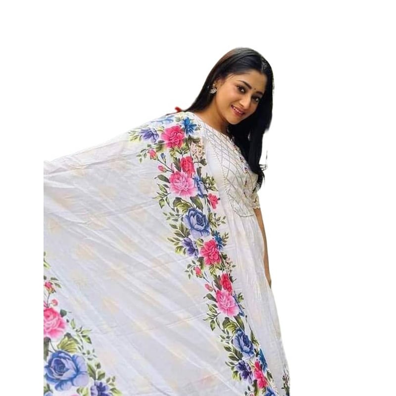 Picture of New Model Beautiful Comfortable Gown Three Piece Readymade Set   Screen Print  Work for Women-White(42)