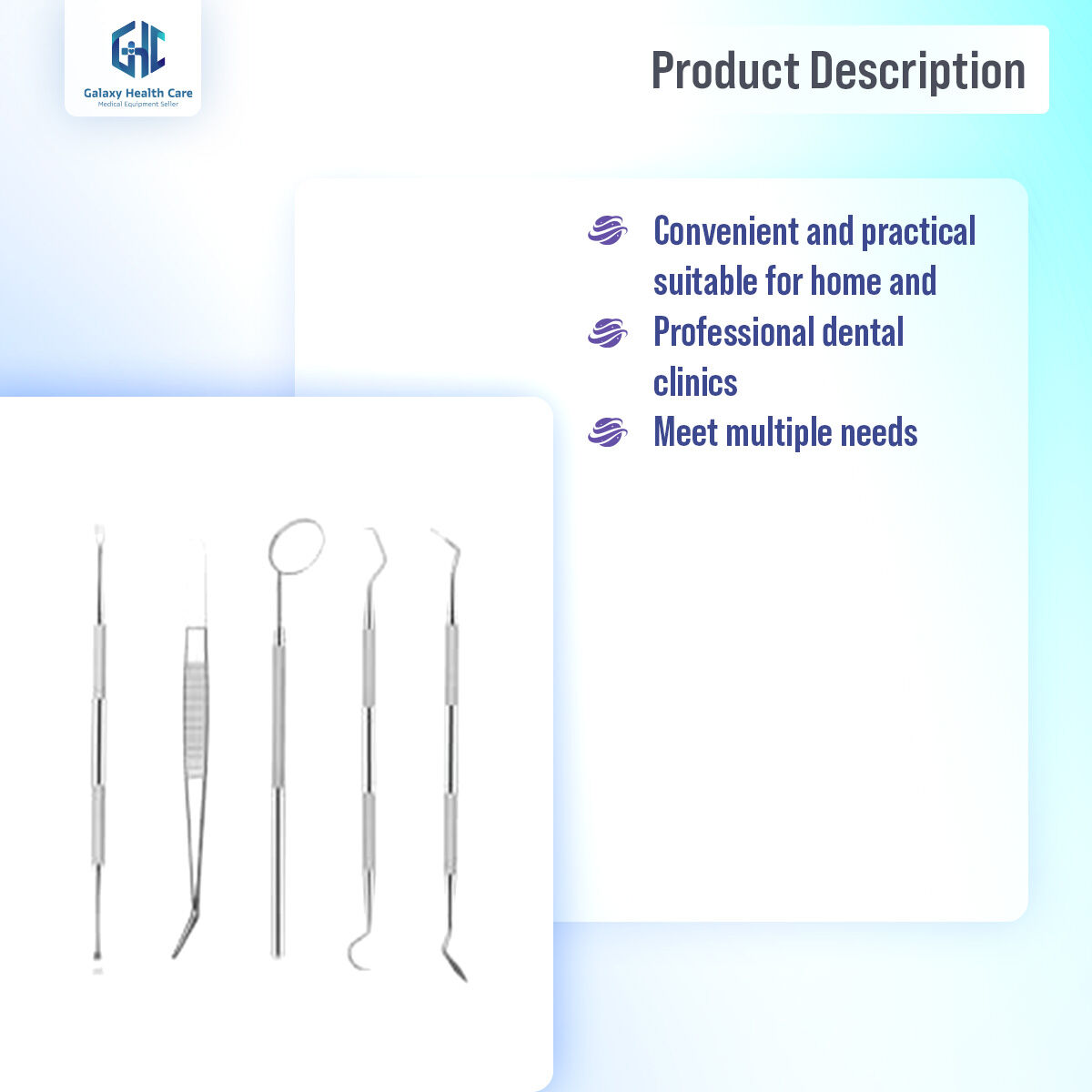 Picture of Dental Mouth Mirror Stainless Steel Tweezers Elbow Probe Dentist Instrument Teeth Cleaning Whitening Dentistry Tools Set - Silver - Int: One size