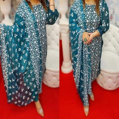 Picture of Elevate Your Fashion with Kashmeri Unstitched Three-Piece Shalwar Kameez and Orna Set - Featuring Full-Body Ari Work dress for girls